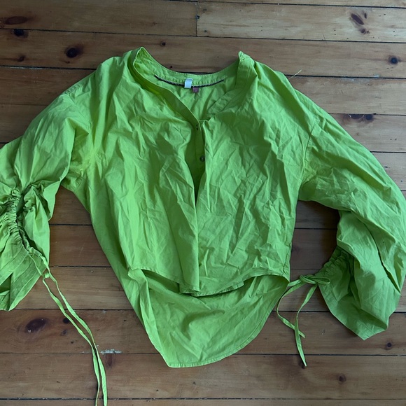 Pilcro Anthropologie Drawstring Chartreuse Poplin Button Blouse medium green - Picture 4 of 10